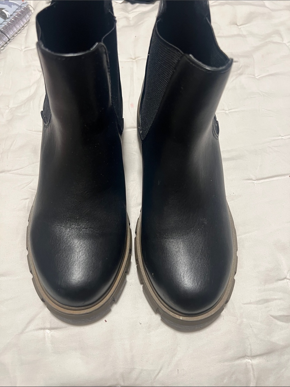 Soda Black Chelsea Ankle Boots with Tan Lug Sole EUC